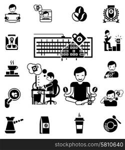 Coffee Black White Icons Set. Coffee and waking up black white icons set with computer and cup flat isolated vector illustration