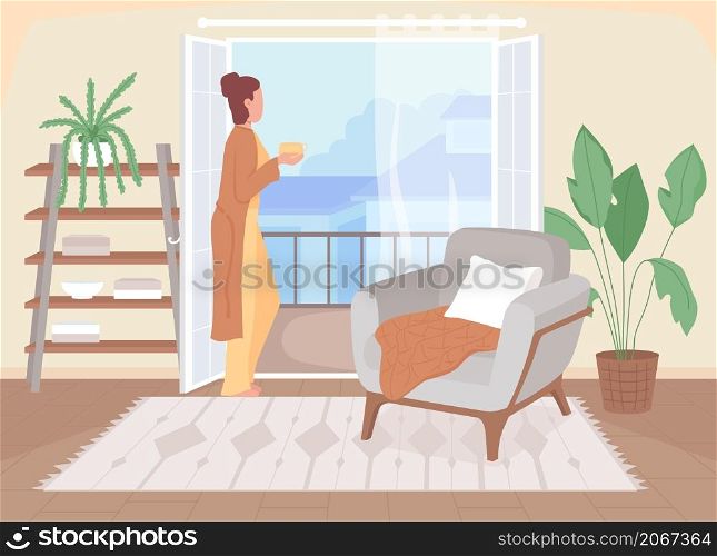 Coffee break at home flat color vector illustration. Drinkig warm tea in living room. Hygge lifestyle. Woman looking out of the window 2D cartoon character with interior on background. Coffee break at home flat color vector illustration
