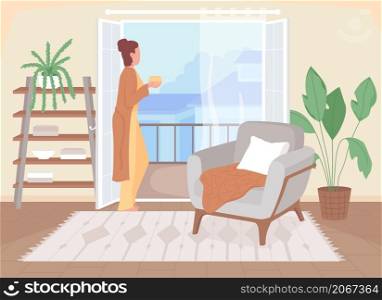 Coffee break at home flat color vector illustration. Drinkig warm tea in living room. Hygge lifestyle. Woman looking out of the window 2D cartoon character with interior on background. Coffee break at home flat color vector illustration