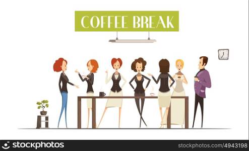 Coffee Break Cartoon Style Illustration. Cheerful women and man near brown table during communication in coffee break cartoon style vector illustration