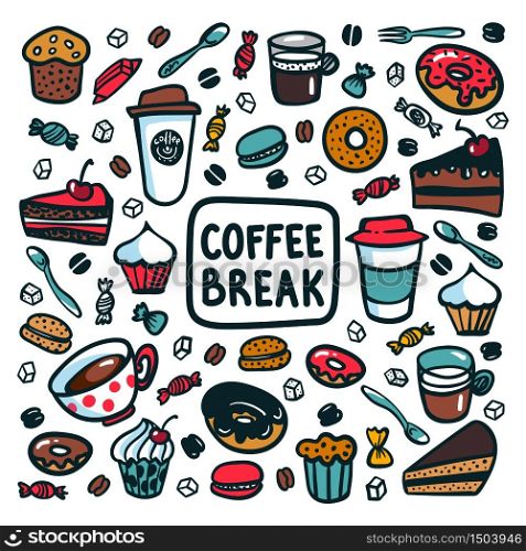Coffee break concept. Time for a coffee break. Colorful doodle style cartoon set of objects and symbols on coffee time theme. Coffee cups and sweets on light background. Vecror illustration.. Coffee break concept. Time for a coffee break. Colorful doodle style cartoon set of objects and symbols on coffee time theme. Coffee cups and sweets on light background. Vecror illustration