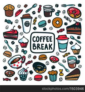 Coffee break concept. Time for a coffee break. Colorful doodle style cartoon set of objects and symbols on coffee time theme. Coffee cups and sweets on light background. Vecror illustration.. Coffee break concept. Time for a coffee break. Colorful doodle style cartoon set of objects and symbols on coffee time theme. Coffee cups and sweets on light background. Vecror illustration