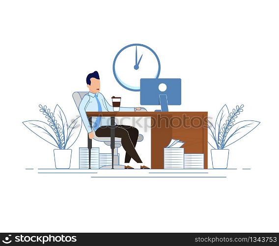 Coffee Break During Business Hours Cartoon Flat. Office Worker Tired Busy Day. Man Sitting at Table Drinking Coffee in Office on Background Wall Clock. Lunch Break. Vector Illustration.