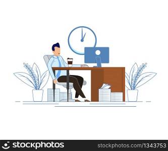 Coffee Break During Business Hours Cartoon Flat. Office Worker Tired Busy Day. Man Sitting at Table Drinking Coffee in Office on Background Wall Clock. Lunch Break. Vector Illustration.