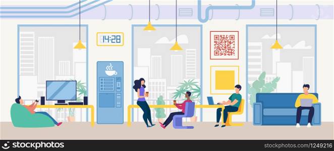 Coffee Break in Company Office Flat Vector Concept. Colleagues Drinking Coffee, Playing TV Games, Talking at Work, Freelancers Working and Resting Together in Coworking Center Office Illustration. Coworking Center, IT Company Office Vector Concept