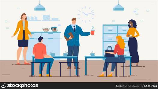 Coffee Break in Company Office, Lunch at Work, Employees Communication Concept. Businesspeople Characters, Office Workers Team Drinking Coffee, Talking About Work Trendy Flat Vector Illustration