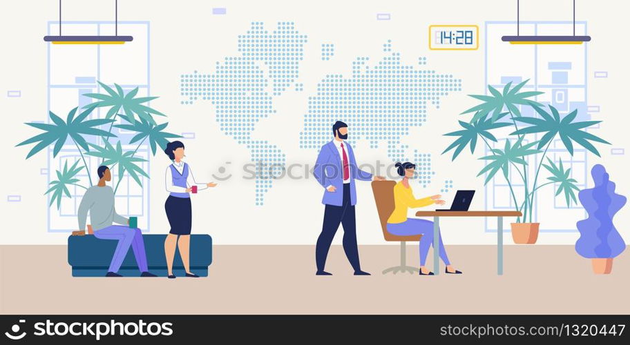 Coffee Break in Office Work, Company Personnel Communication, Business Teamwork Flat Vector Concept. Female Employee Calling Working on Laptop Colleagues to Make Pause and Drink Coffee Illustration