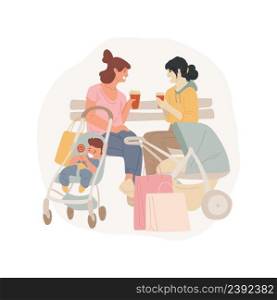 Coffee break isolated cartoon vector illustration Moms with strollers drinking coffee at food court, talking and laughing, holding takeaway cup, break from shopping, many bags vector cartoon.. Coffee break isolated cartoon vector illustration