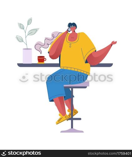 Coffee break. Man drinks hot beverage. Cartoon trendy character sitting at tables and communicating. Young male talking on smartphone in cafe or bar. Vector isolated boy holding cup with rising steam. Coffee break. Man drinks hot beverage. Cartoon character sitting at tables and communicating. Young male talking on smartphone in cafe or bar. Vector boy holding cup with rising steam