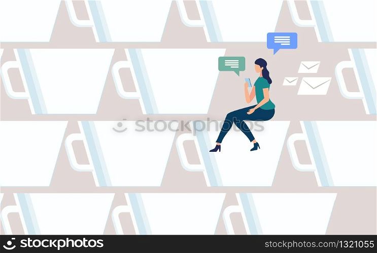 Coffee Break on Work Flat Vector Concept. Woman Siting on Coffee Cup with Cellphone in Hand, Chatting Online, Messaging with Mobile Phone App, Communicating with Friends in Social Network Illustration