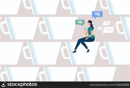 Coffee Break on Work Flat Vector Concept. Woman Siting on Coffee Cup with Cellphone in Hand, Chatting Online, Messaging with Mobile Phone App, Communicating with Friends in Social Network Illustration