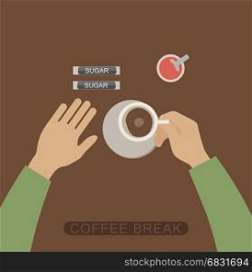 Coffee break. Simple flat illustration of coffee break. Hand holding cup of hot drink.
