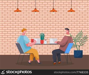 Coffee break, teamwork, workers talk, woman with cup, man with laptop sitting at table and talking, colleagues discussing work, strategy, people working, partners, project managers, businesspeople. Coffee break, teamwork, workers talk, woman with cup, man with laptop sitting at table and talking