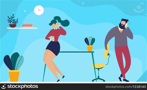 Coffee Break Time in Coworking Office Cartoon. Flat Vector Woman Employee Sits on Table Talking Phone. Man Coworker Stands Turning to other Side and Having Business or Personal Call Illustration. Coffee Break Time in Coworking Office Cartoon