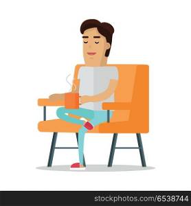 Coffee break vector. Pleasure with hot drink. Relaxed man seating in comfortable orange armchair with cup of hot tea, cocoa, coffee. For homeliness and resting concepts. Isolated on white background. Coffee Break Vector Concept in Flat Design. Coffee Break Vector Concept in Flat Design
