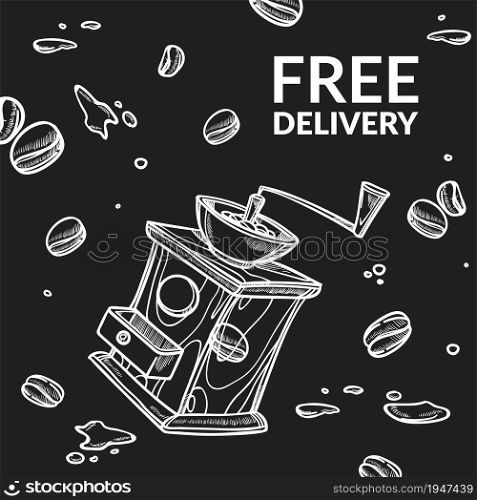 Coffee brewery, cafe producing warm beverages and drinks. Grinding machine with aromatic beans. Preparation of tasty espresso or latte, cappuccino. Monochrome sketch outline, vector in flat style. Free delivery grinding machine and beans banner