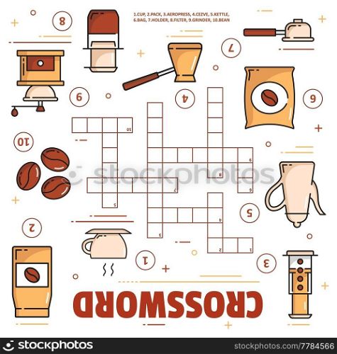 Coffee brewing, cup and beans crossword grid vector worksheet. Find a word quiz game puzzle, kids education fill in squares riddle with outline coffee pot, grinder, filter and pack, kettle, aeropress. Coffee brewing, cup, bean crossword grid worksheet