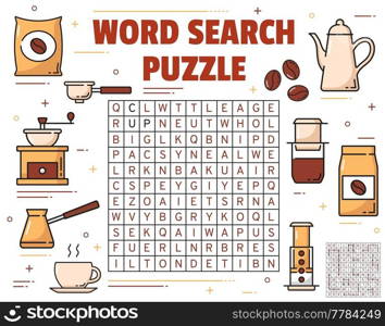 Coffee brewing, cup and beans on word search puzzle game worksheet. Children quiz grid or logical game, kids intelligence test or puzzle with coffee grinder, pot and cezve, beans bag, french press. Coffee brewing, cup and beans word search puzzle