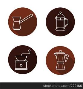 Coffee brewing equipment. Flat linear long shadow icons set. Moka pot, turkish cezve, grinder, french press. Vector line illustration. Coffee brewing equipment