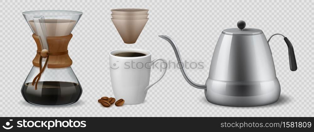 Coffee brewing. Realistic glass flask for alternative espresso preparation method, metal teapot and paper filters. 3D barista equipment for home and cafe on transparent background vector isolated set. Coffee brewing. Realistic glass flask for alternative espresso preparation method, kettle and filters. 3D barista equipment for home and cafe on transparent background vector isolated set