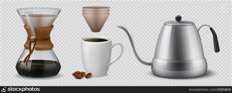 Coffee brewing. Realistic glass flask for alternative espresso preparation method, metal teapot and paper filters. 3D barista equipment for home and cafe on transparent background vector isolated set. Coffee brewing. Realistic glass flask for alternative espresso preparation method, kettle and filters. 3D barista equipment for home and cafe on transparent background vector isolated set