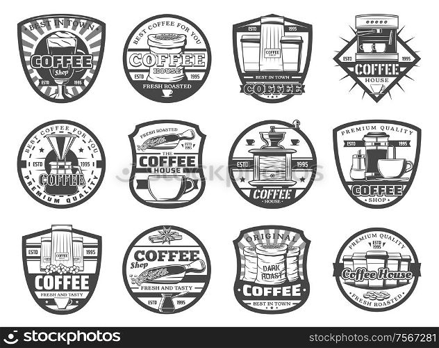 Coffee brewing shop, cafeteria isolated vector icons. Morning drink in turk, latte or americano, coffee grinder mill. Grinding machine and pot, beans in sack, takeaway paper or glass cups. Hot coffee icons, beans and cups