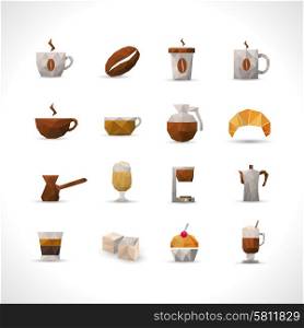 Coffee brown with shadows polygonal icons set isolated vector illustration. Polygonal Coffee Icons Set