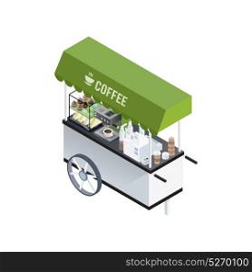Coffee Cart Isometric Composition. Mobile coffee kiosk composition with isometric image of coffee cart with coffee machine sandwiches and sweet donuts vector illustration