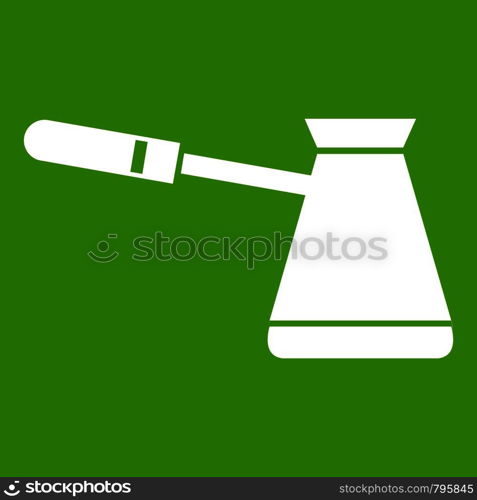 Coffee cezve icon white isolated on green background. Vector illustration. Coffee cezve icon green