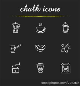 Coffee chalk icons set. Espresso machine, classic coffee maker, steaming mug on plate, french press, turkish cezve, spoon with sugar cubes, hand mill. Isolated vector chalkboard illustrations. Coffee chalk icons set