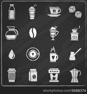 Coffee chalkboard icons set with sugar jar pot bean isolated vector illustration