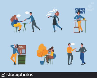 Coffee characters. Couple drinking hot tea or coffee in morning breakfast cappuccino espresso garish vector people in flat style. Illustration of character with coffee sitting in cafe. Coffee characters. Couple drinking hot tea or coffee in morning breakfast cappuccino espresso garish vector people in flat style