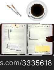 Coffee, cigarettes and an open organizer, isolated and grouped objects over white