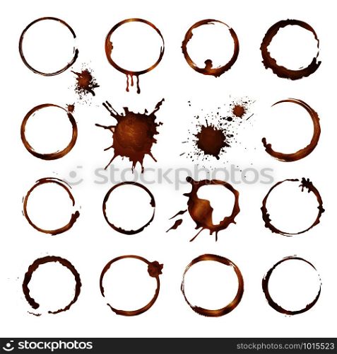 Coffee circles. Dirty rings splashes and drops from tea or coffee cup vector template. Mug coffee stain, dirty and splatter circle from overflow illustration. Coffee circles. Dirty rings splashes and drops from tea or coffee cup vector template