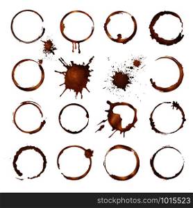Coffee circles. Dirty rings splashes and drops from tea or coffee cup vector template. Mug coffee stain, dirty and splatter circle from overflow illustration. Coffee circles. Dirty rings splashes and drops from tea or coffee cup vector template