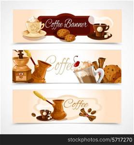 Coffee colored horizontal banners set with latte frappe espresso cappuccino isolated vector illustration