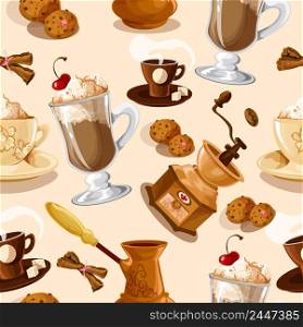 Coffee colored seamless pattern with turk cookies cinnamon grinder cup vector illustration