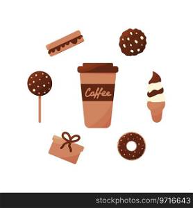 coffee cookies donut ice cream toast elements set chocolate day sweets gift cake pops cafe vector illustration