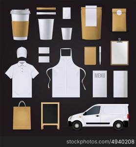 Coffee Corporate Identity Set. Blank coffee corporate indentity business template set in brown and white colors for cafe isolated on black background flat vector illustration