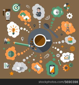 Coffee creative concept with cup in the middle and communication and brainstorming process elements vector illustration