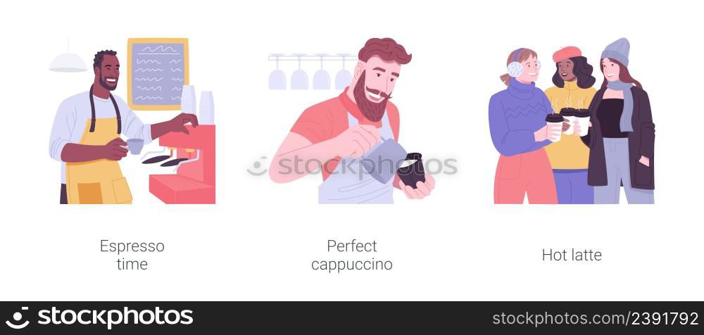 Coffee culture isolated cartoon vector illustration set. Professional barista preparing espresso in a coffee shop, making cappuccino, group of girls drinking latte, hot drink vector cartoon.. Coffee culture isolated cartoon vector illustrations set.