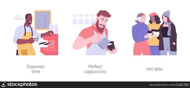 Coffee culture isolated cartoon vector illustration set. Professional barista preparing espresso in a coffee shop, making cappuccino, group of girls drinking latte, hot drink vector cartoon.. Coffee culture isolated cartoon vector illustrations set.