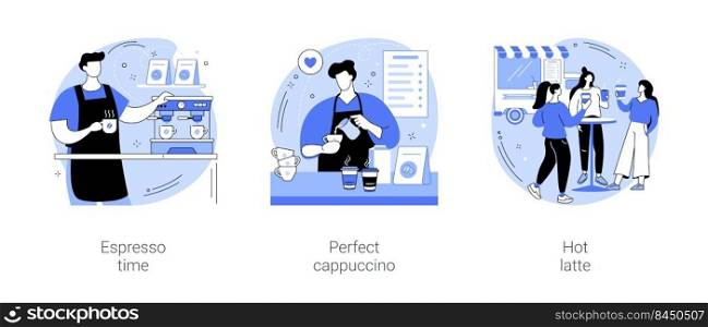 Coffee culture isolated cartoon vector illustrations set. Professional barista preparing espresso in a coffee shop, making cappuccino, group of girls drinking latte, hot drink vector cartoon.. Coffee culture isolated cartoon vector illustrations se