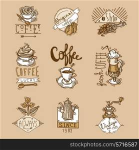 Coffee cuos vintage original espresso sketch labels set isolated vector illustration