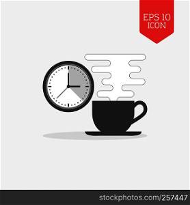 Coffee cup and clock icon. Break time concept. Flat design gray color symbol. Modern UI web navigation, sign. Illustration element