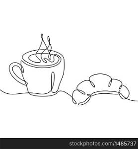 Coffee cup and croissant continuous one line drawing. Black and white sketch vector illustration.