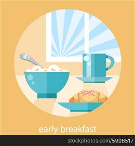Coffee cup and plate of cookies on table. Early breakfast time clock concept in flat design. Breakfast time concept