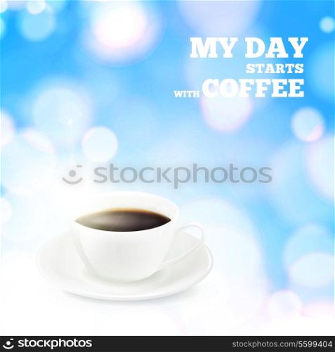 Coffee cup and saucer on a blue bokeh background. Vector illustration.