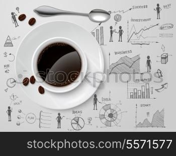 Coffee cup and spoon on business progress idea investment option sketch poster vector illustration
