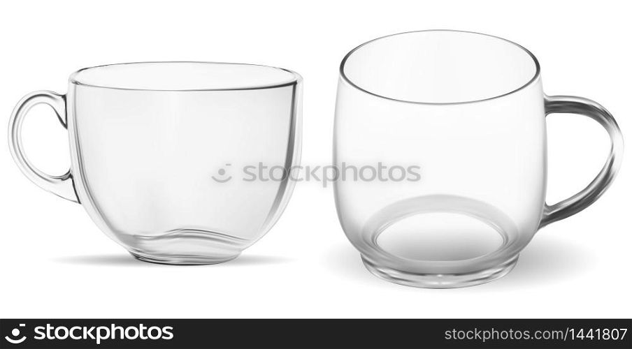Coffee cup. Clean transparent glass tea mug mock up vector illustration. Realistic empty teacup for breackfast on white background. Perfect glassware blank with handle for hot drink. Coffee cup. Clean transparent glass tea mug mockup